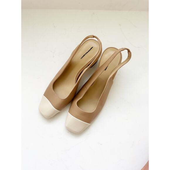 NWOB Ann Taylor Two Tone Block Heel Cap Toe Slingback Shoe Tan 7 - Picture 2 of 4